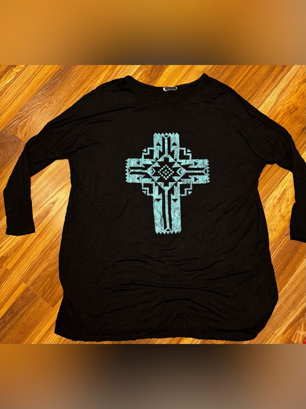 🚨 GORGEOUS Reborn J Black Long Sleeve Tee with Turquoise Aztec Cross
